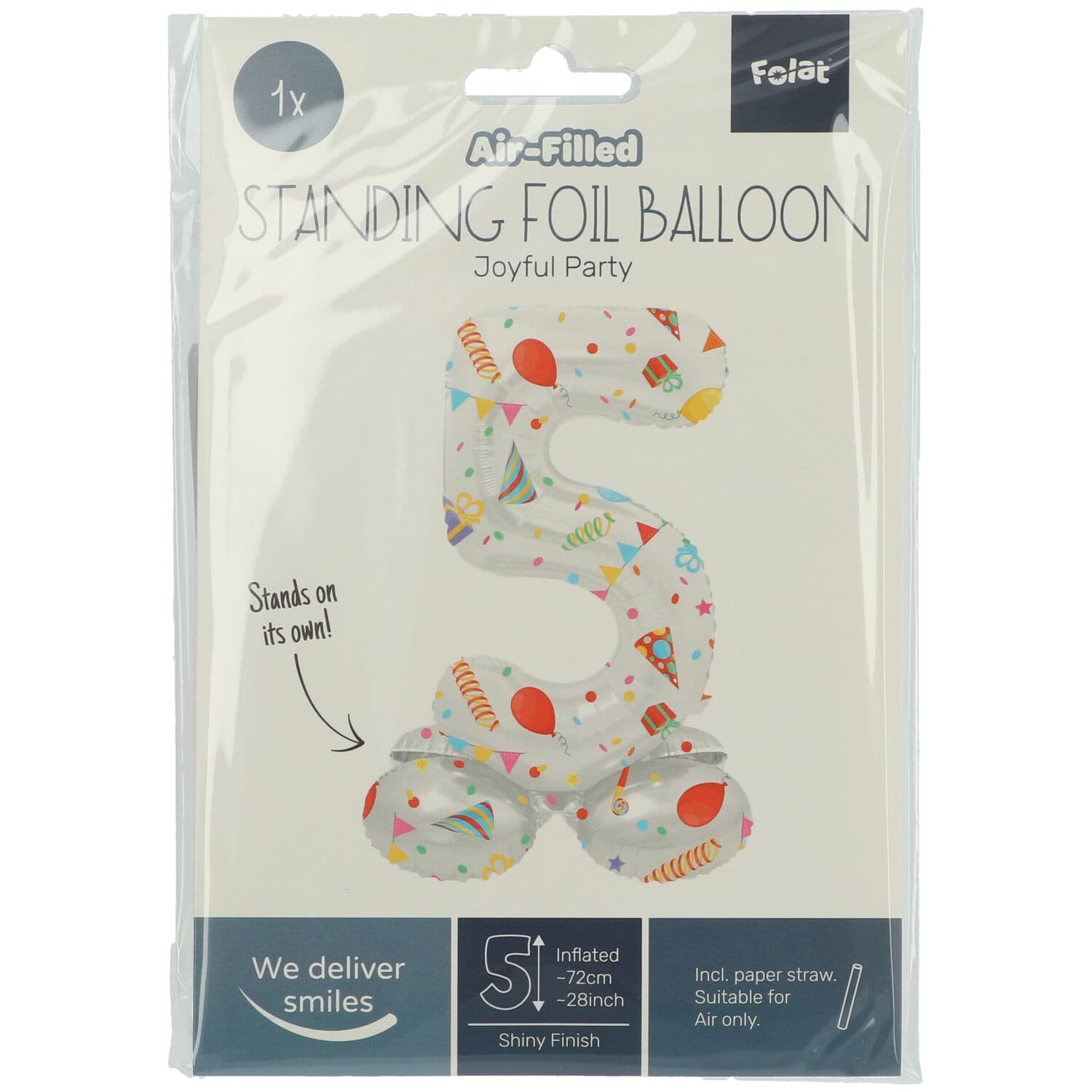 Staande Folieballon Joyful Party Cijfer 5 -72cm